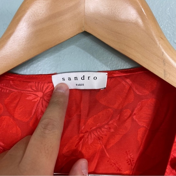 Sandro Azelie Red Mini Dress Floral V Neck Half Sleeve Silk‎ Blend Sz 40 L - Picture 5 of 6